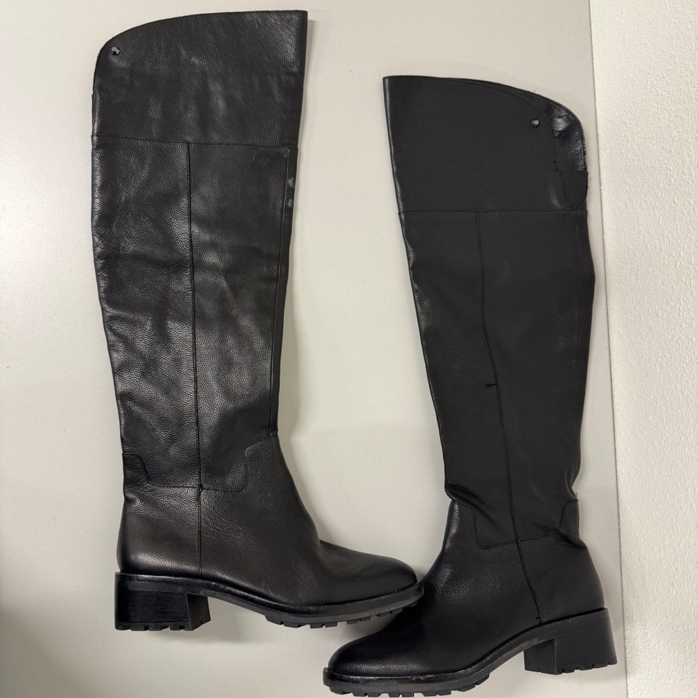 Vince Camuto Jorshie Over The Knee Boots Womens 7M Black Leather Lug Block Heel